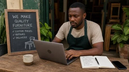 Small business owner working on SEO basics on a laptop, with a checklist and “We Make Quality Furniture” sign in the background.