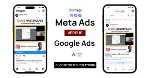 Side-by-side smartphone mockups show Instagram/Meta and Google Ads screens with a “Meta Ads versus Google Ads” comparison headline.