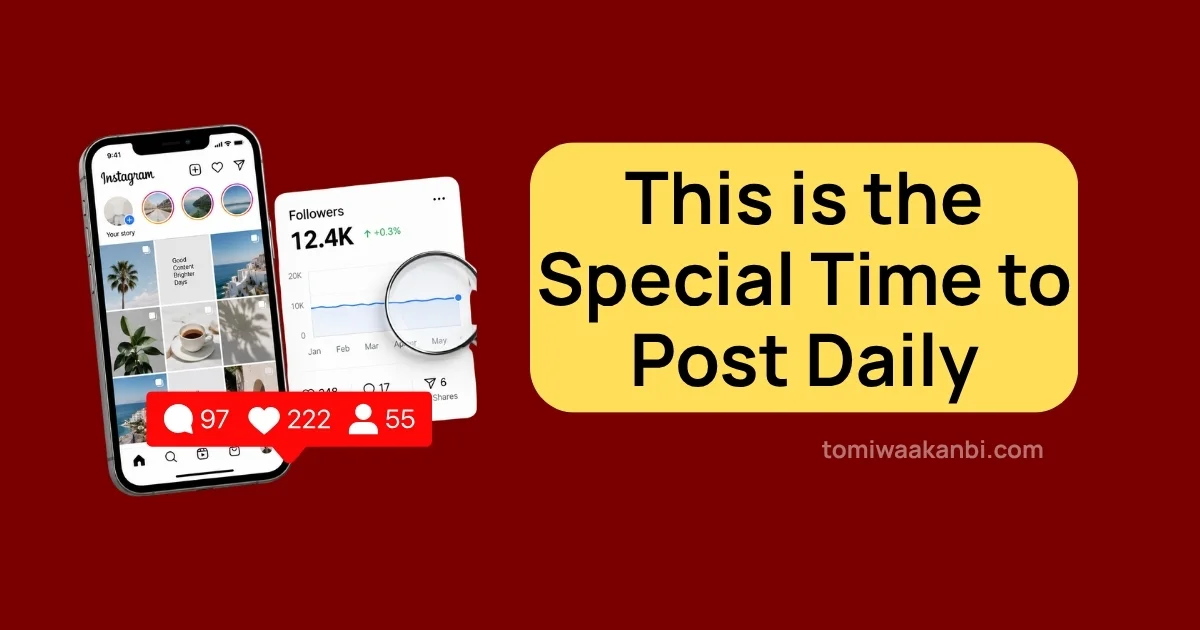 A phone showing an Instagram feed and a yellow banner reading “This is the Special Time to Post Daily,” tied to posting timing.