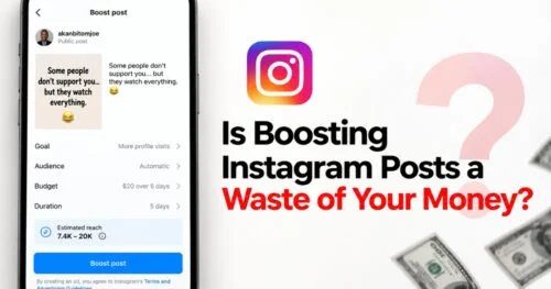 Side-by-side view of an Instagram “Boost post” screen on a phone and an overlay headline reading “Is Boosting Instagram Posts a Waste of Your Money?”