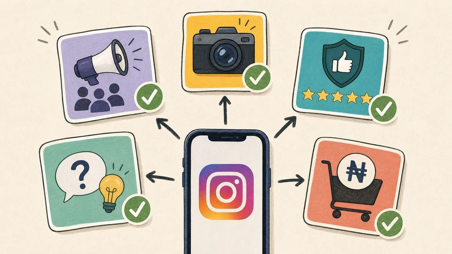 Illustration showing how an Instagram post can lead from content (camera, message, ratings) to a business profile and an action