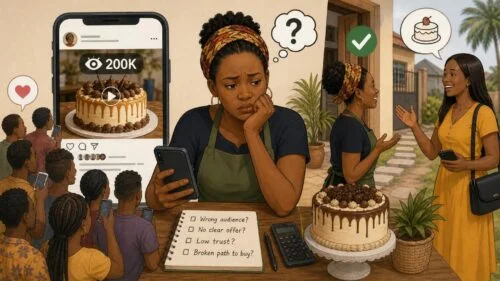 Illustration showing a business owner checking Instagram views on a phone while asking what’s wrong—wrong audience, low trust, or a broken path to buy.