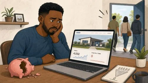 Illustration of a person looking worried at a laptop dashboard showing visitor numbers and enquiries/sales at zero, to suggest visitors aren’t converting.